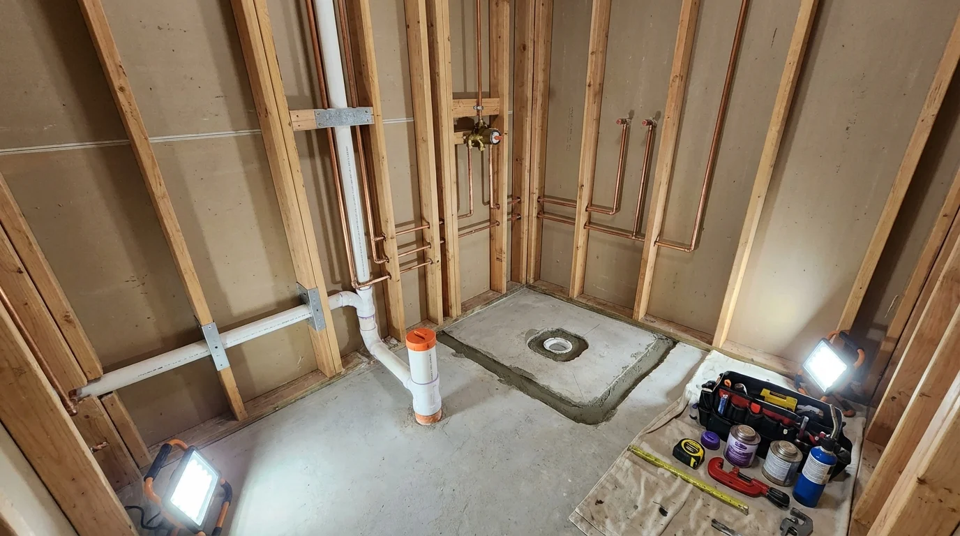 Bathroom rough-in plumbing during remodel by Johns Plumbing LLC in Saluda