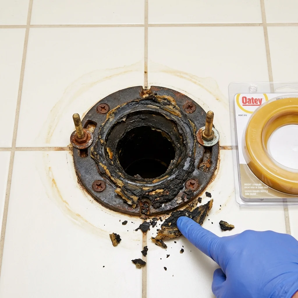 Failed wax ring showing water seepage at the base of a toilet in a Saluda, VA home